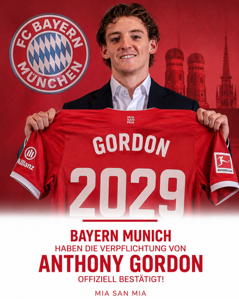 DEAL PERFEKT: Der FC Bayern München hat die Verpflichtung von Anthony Gordon vom FC Barcelona offiziell bestätigt. Der englische Offensivspieler wechselt zum FC Bayern und hat einen langfristigen Vertrag beim deutschen Rekordmeister unterschrieben.