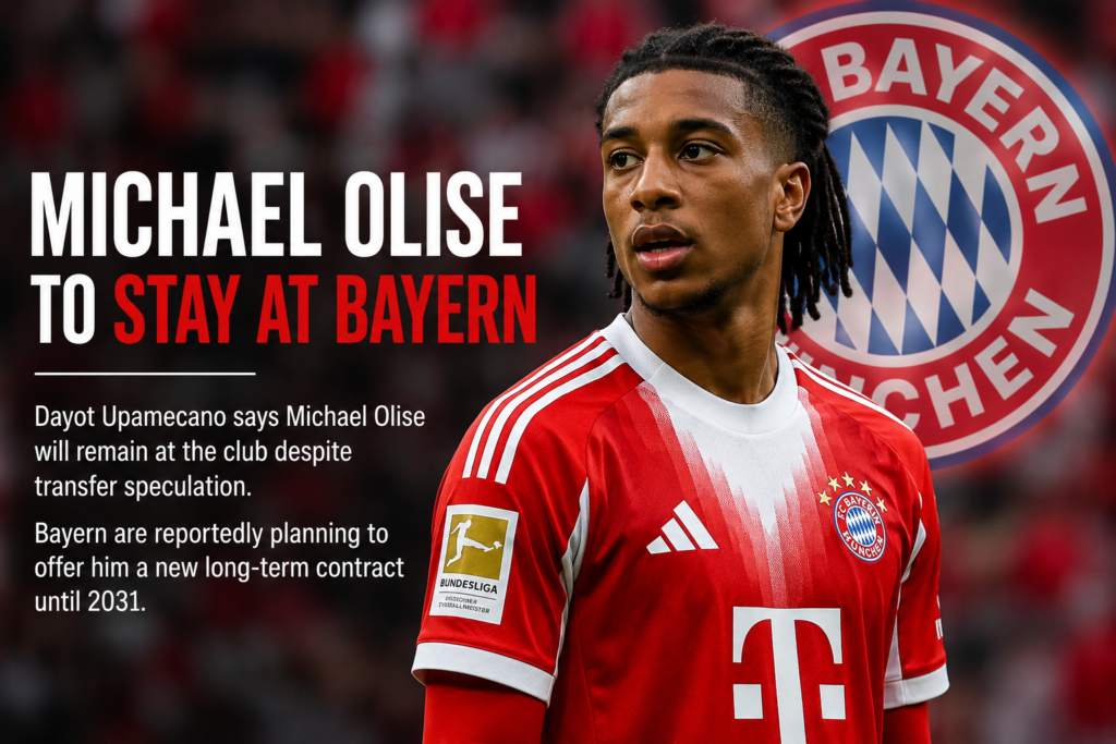 🔥🔴⚪ Große Erleichterung für die Bayern-Fans! ✍️⚽ Michael Olise steht trotz anhaltender Transfergerüchte offenbar weiterhin vor einer Zukunft beim FC Bayern München. Verteidiger Dayot Upamecano machte deutlich, dass der Offensivstar dem Rekordmeister erhalten bleiben soll. Zudem planen die Verantwortlichen Berichten zufolge, Olise mit einem neuen langfristigen Vertrag bis 2031 auszustatten. Ein starkes Signal für die Zukunft – setzt Bayern damit ein klares Zeichen im Kampf um nationale und internationale Titel? 👀🏆❤️